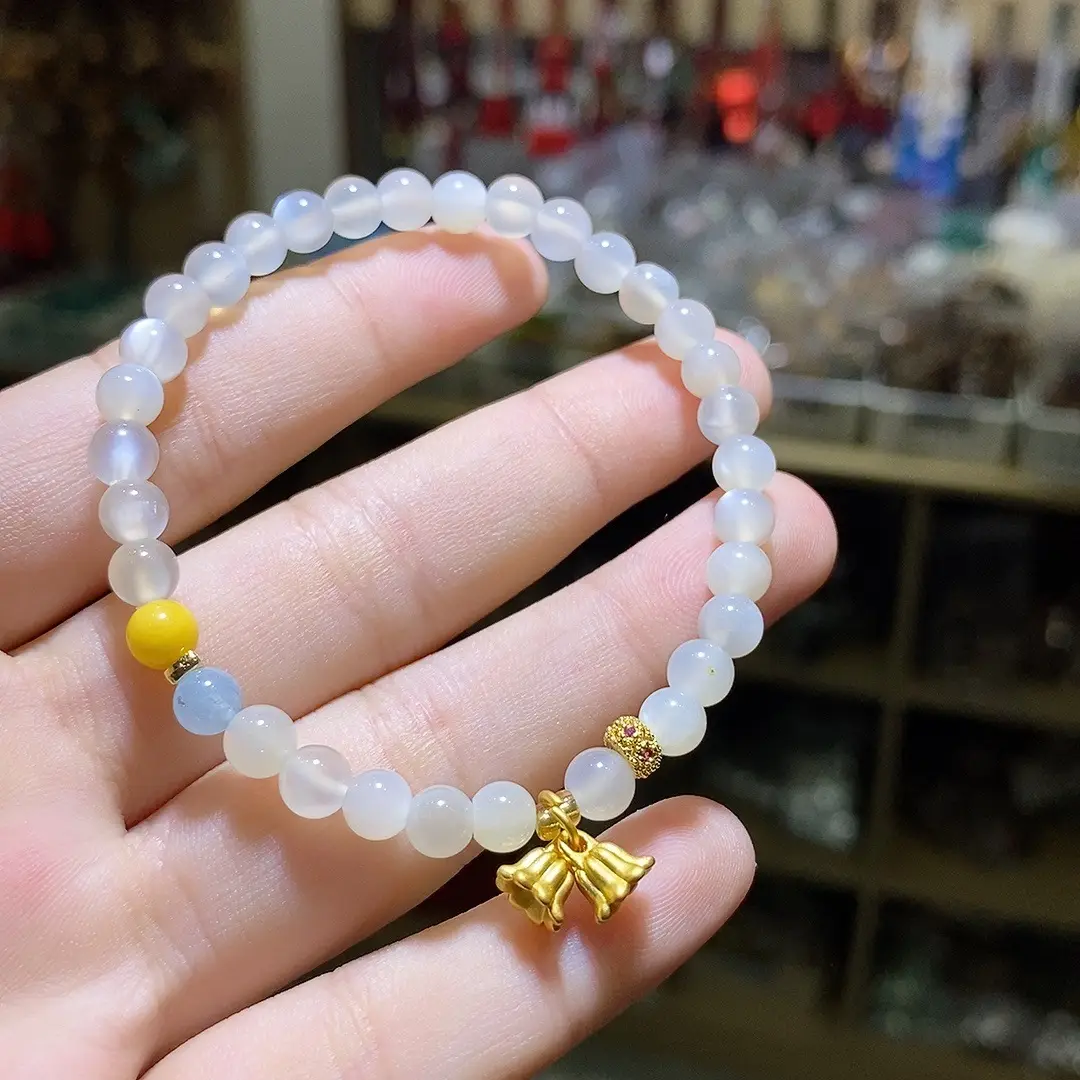 White Moonstone Bracelet with Yellow Beads and Gold Charm - Image 2