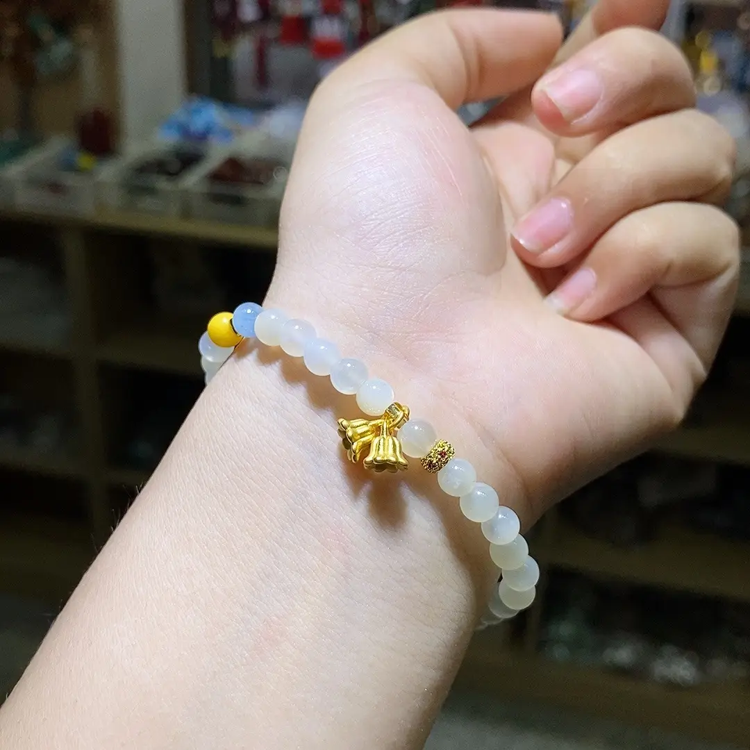 White Moonstone Bracelet with Yellow Beads and Gold Charm - Image 4