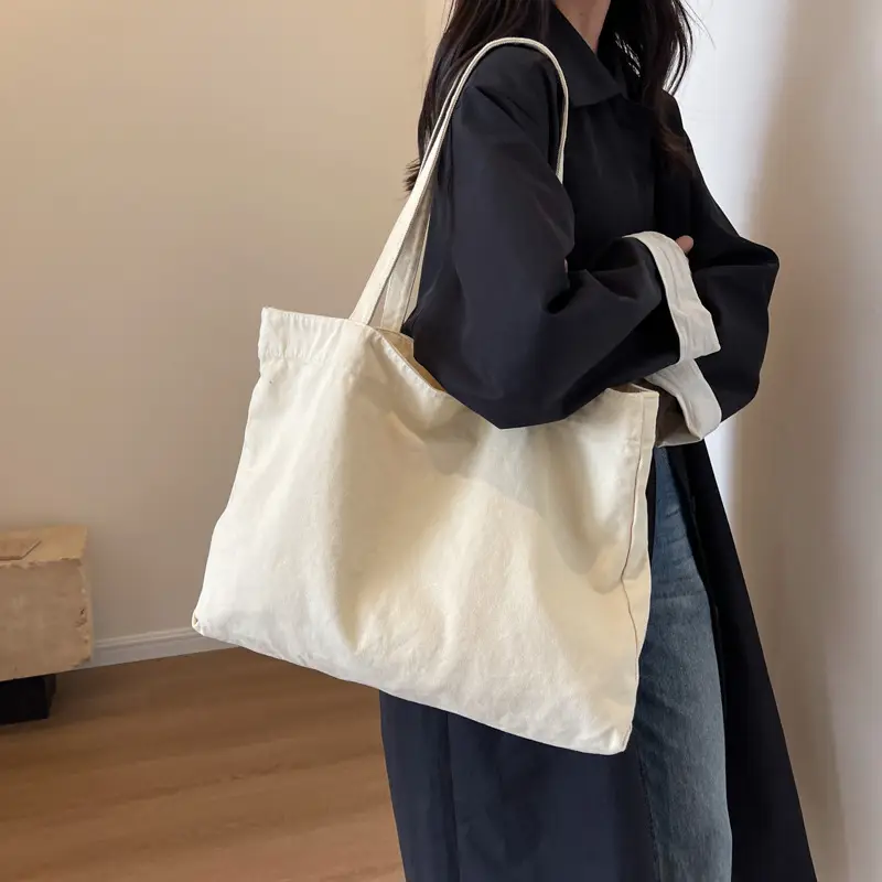 Japanese Style Canvas Tote Bag Beige Large Capacity - Image 6