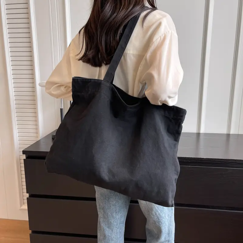 Japanese Style Canvas Tote Bag Beige Large Capacity - Image 7