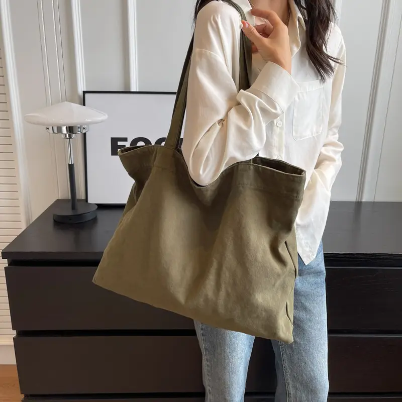 Japanese Style Canvas Tote Bag Beige Large Capacity - Image 8