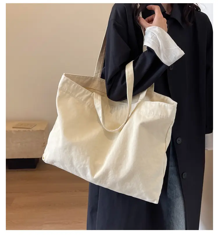 Japanese Style Canvas Tote Bag Beige Large Capacity — feature 2