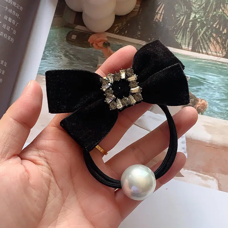 Black Velvet Bow Hair Tie with Pearl & Rhinestone