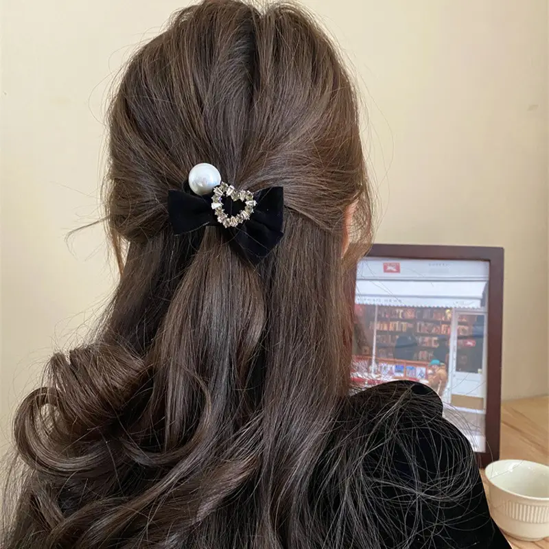 Black Velvet Bow Hair Tie with Pearl & Rhinestone
