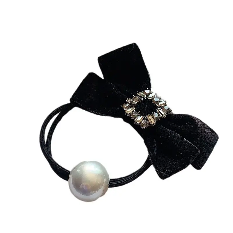 Black Velvet Bow Hair Tie with Pearl & Rhinestone