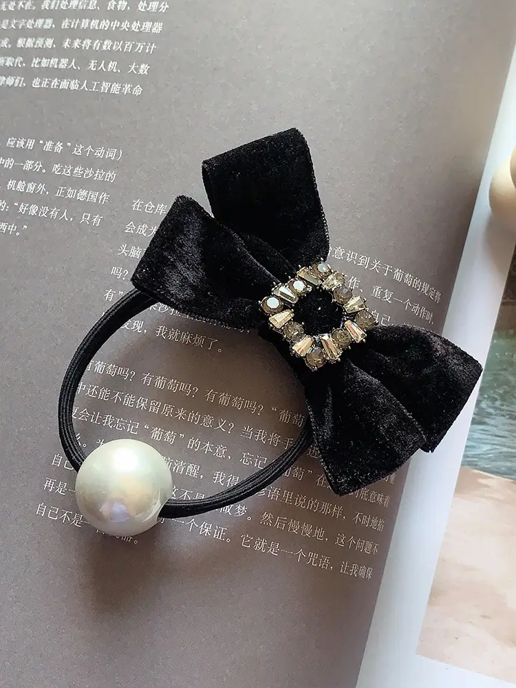 Black Velvet Bow Hair Tie with Pearl & Rhinestone — feature 10