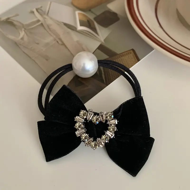 Black Velvet Bow Hair Tie with Pearl & Rhinestone — feature 12