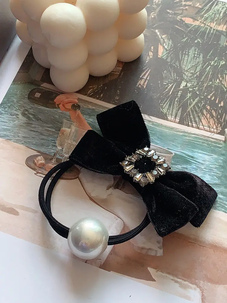 Black Velvet Bow Hair Tie with Pearl & Rhinestone — feature 13