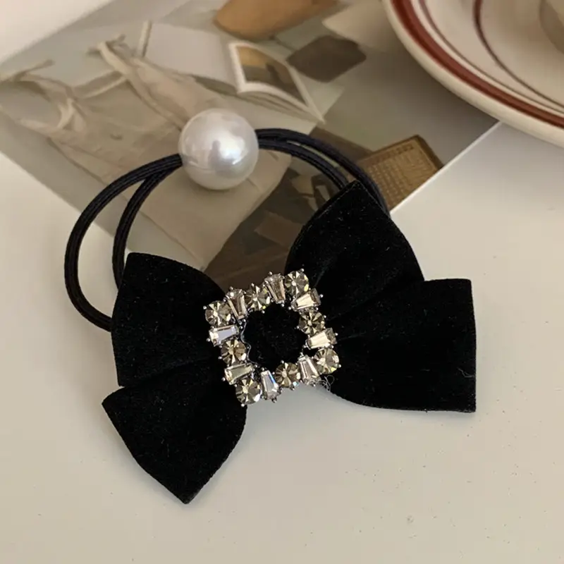 Black Velvet Bow Hair Tie with Pearl & Rhinestone — feature 14
