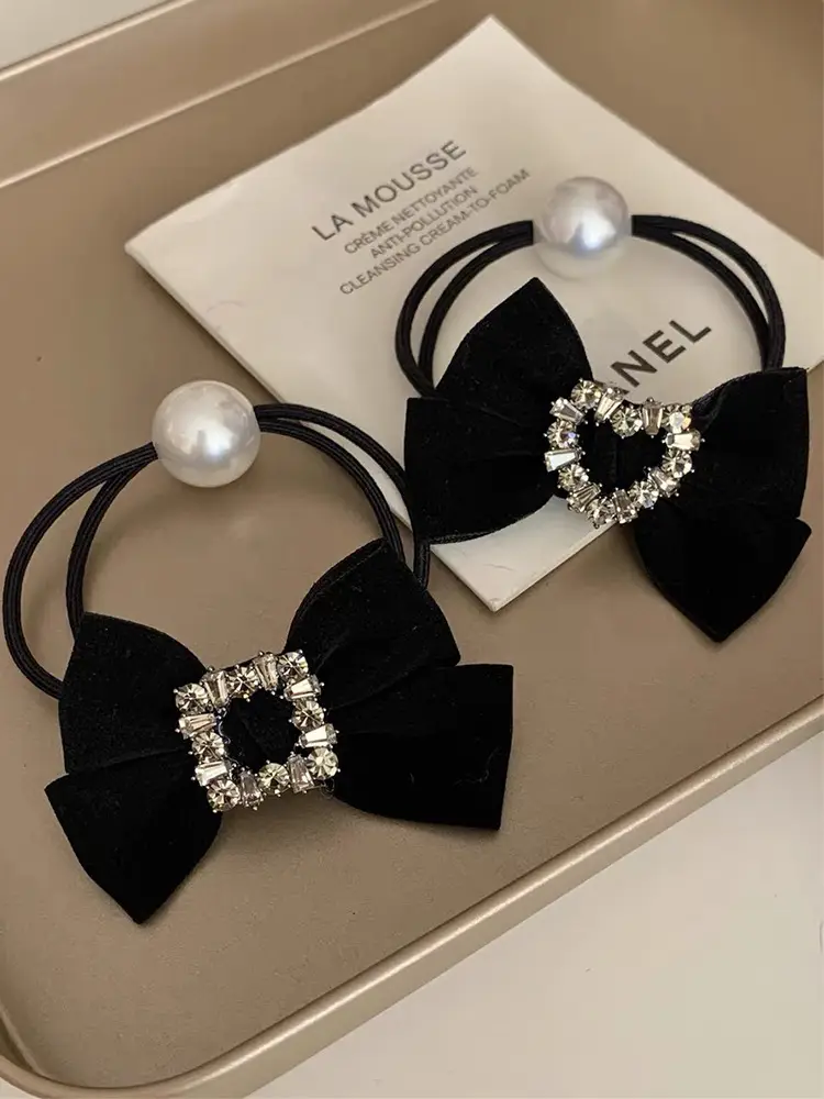 Black Velvet Bow Hair Tie with Pearl & Rhinestone — feature 15