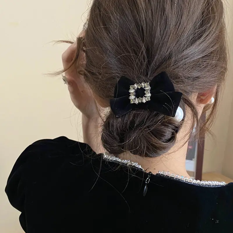 Black Velvet Bow Hair Tie with Pearl & Rhinestone — feature 3