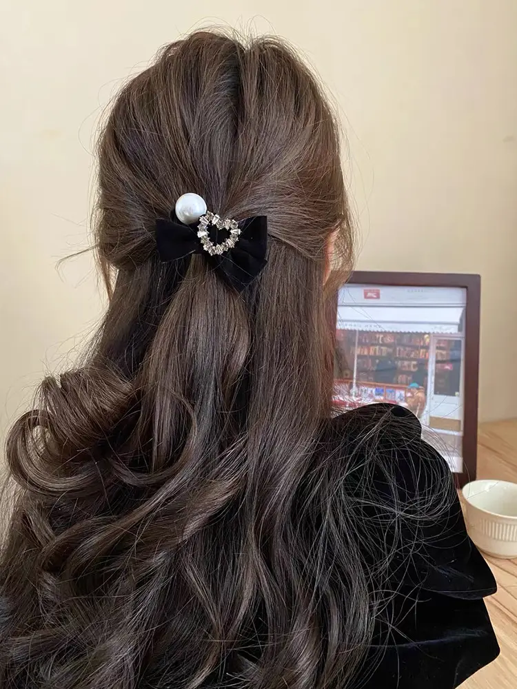 Black Velvet Bow Hair Tie with Pearl & Rhinestone — feature 4
