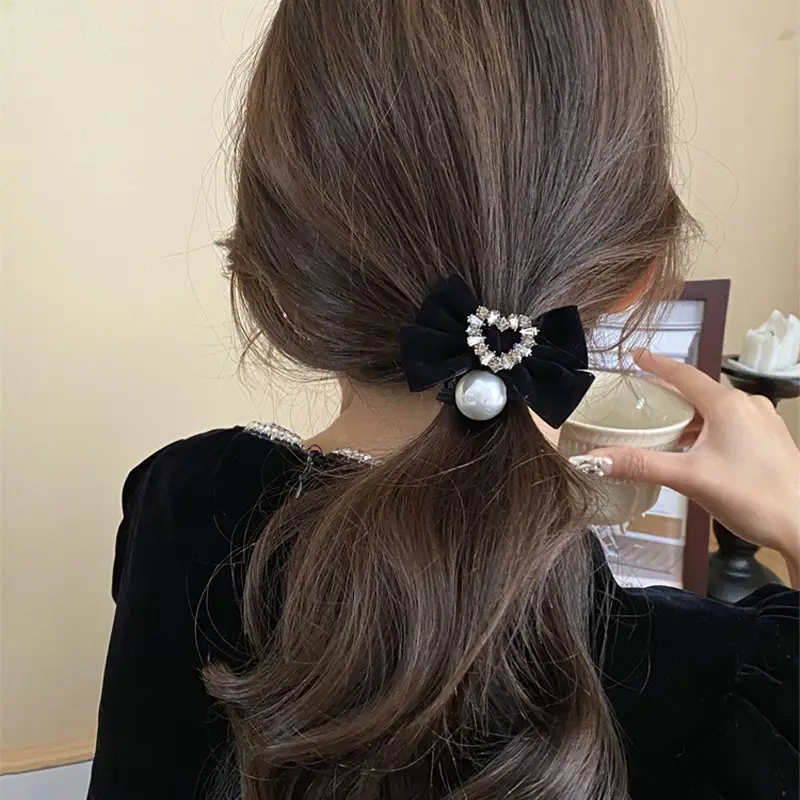 Black Velvet Bow Hair Tie with Pearl & Rhinestone — feature 5