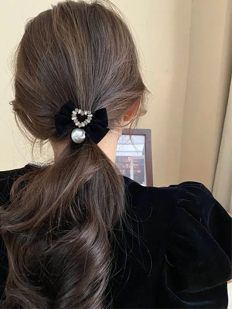 Black Velvet Bow Hair Tie with Pearl & Rhinestone — feature 7