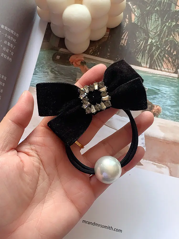 Black Velvet Bow Hair Tie with Pearl & Rhinestone — feature 8