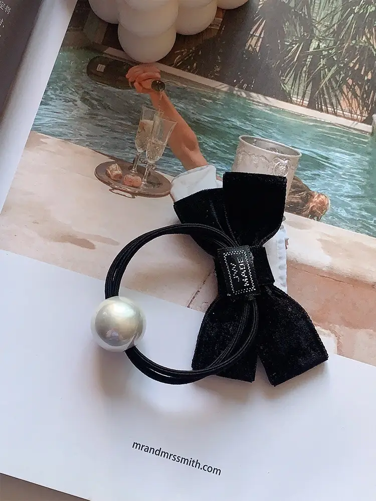 Black Velvet Bow Hair Tie with Pearl & Rhinestone — feature 9