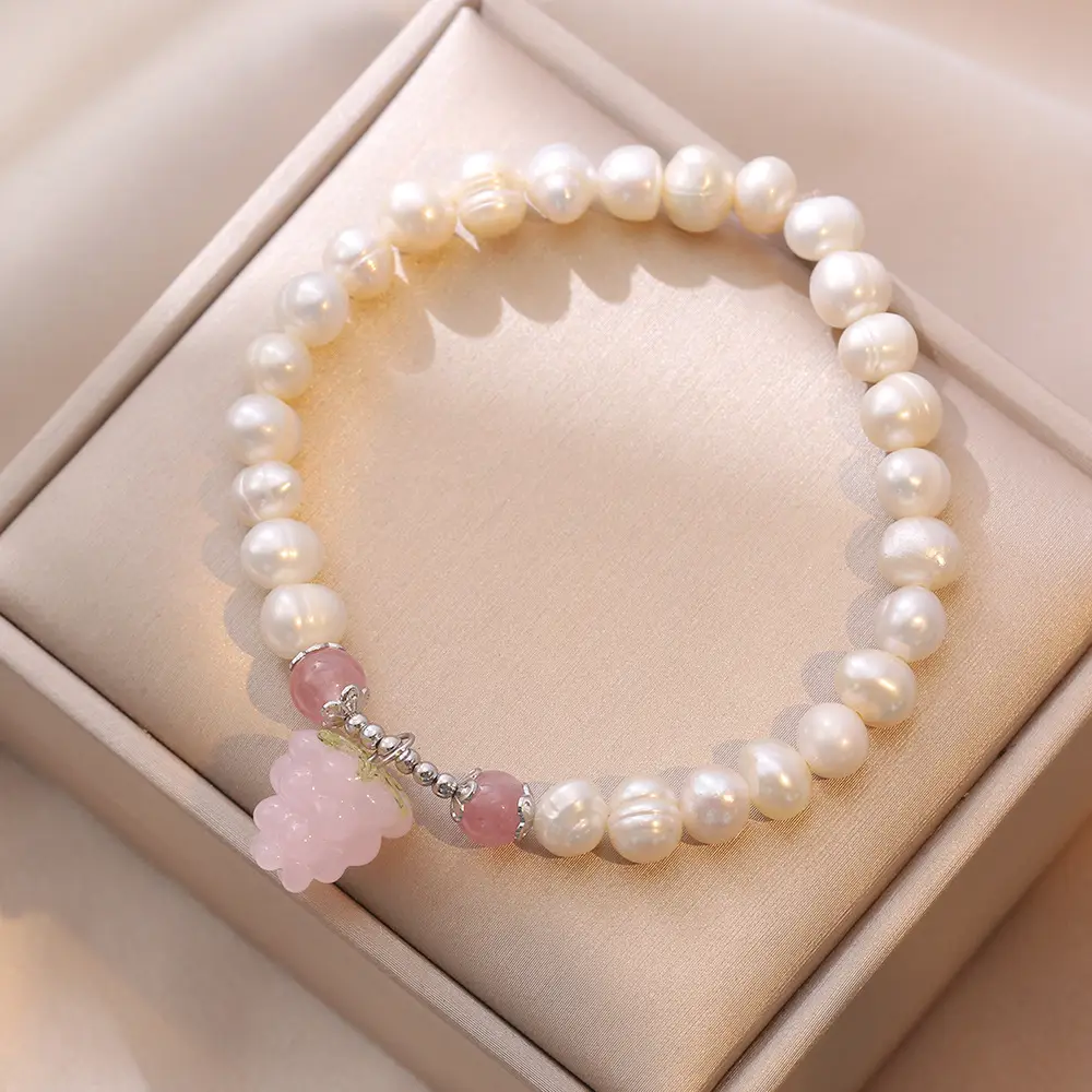 Natural Freshwater Pearl Necklace with Pink Crystal & Silver Clavicle