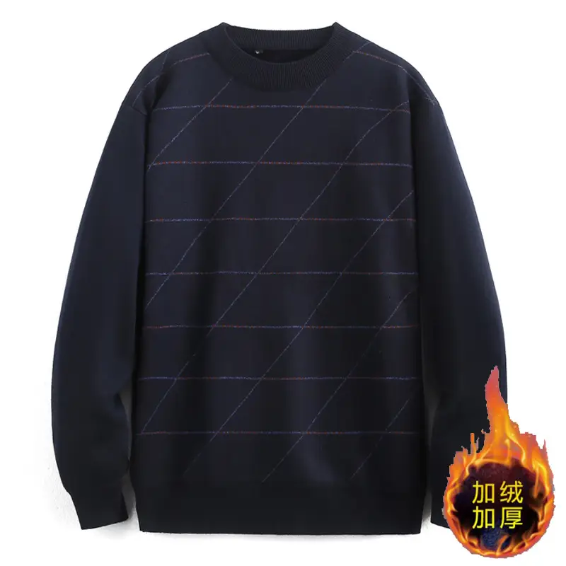 Men's Grey Fleece Round Neck Sweater Winter Thickened - Image 3