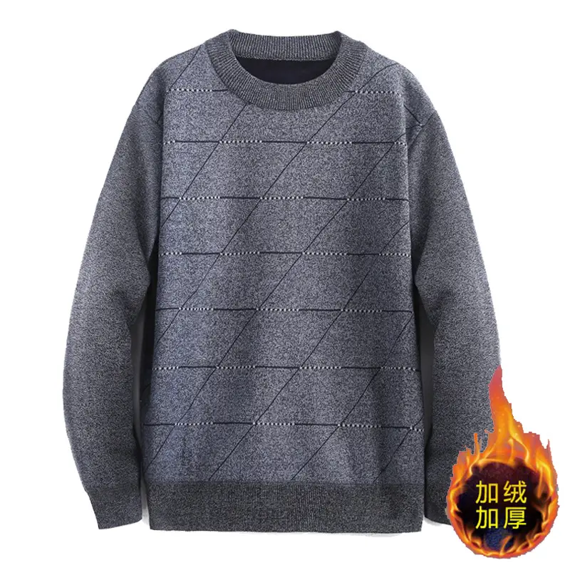 Men's Grey Fleece Round Neck Sweater Winter Thickened - Image 2