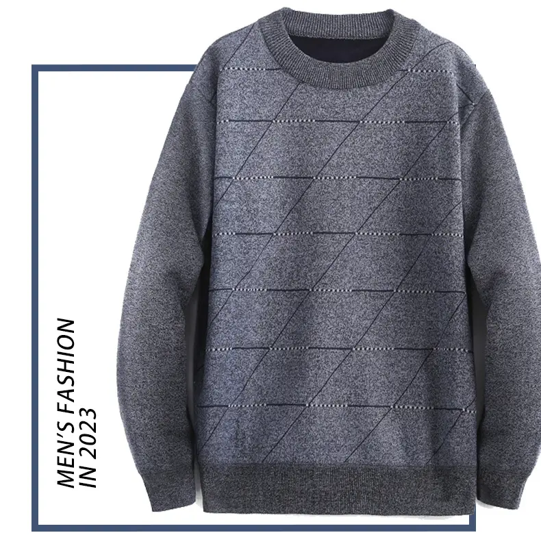 Men's Grey Fleece Round Neck Sweater Winter Thickened — feature 2
