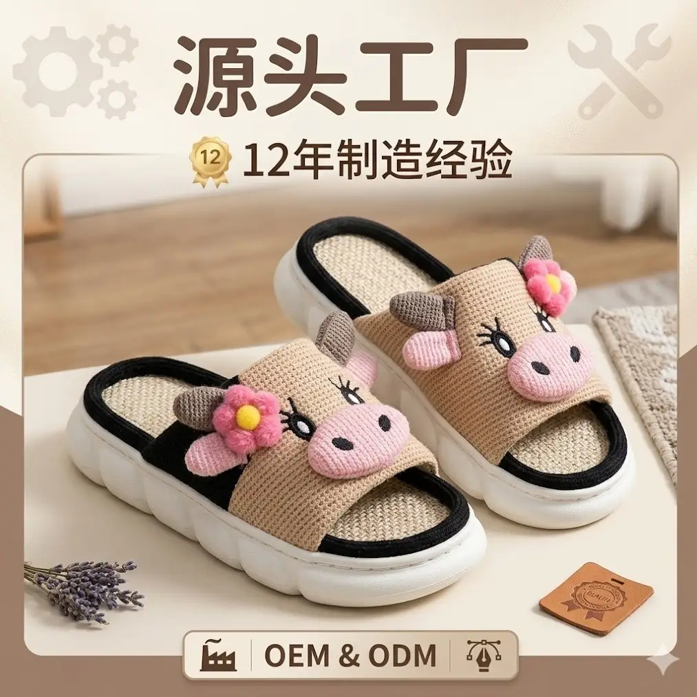 Cross-Border In-Stock Summer Shoes for Women, Spring Japanese-Style Fashion Home Wear-Resistant Linen Slippers, Cute Cow Print Cotton Slippers