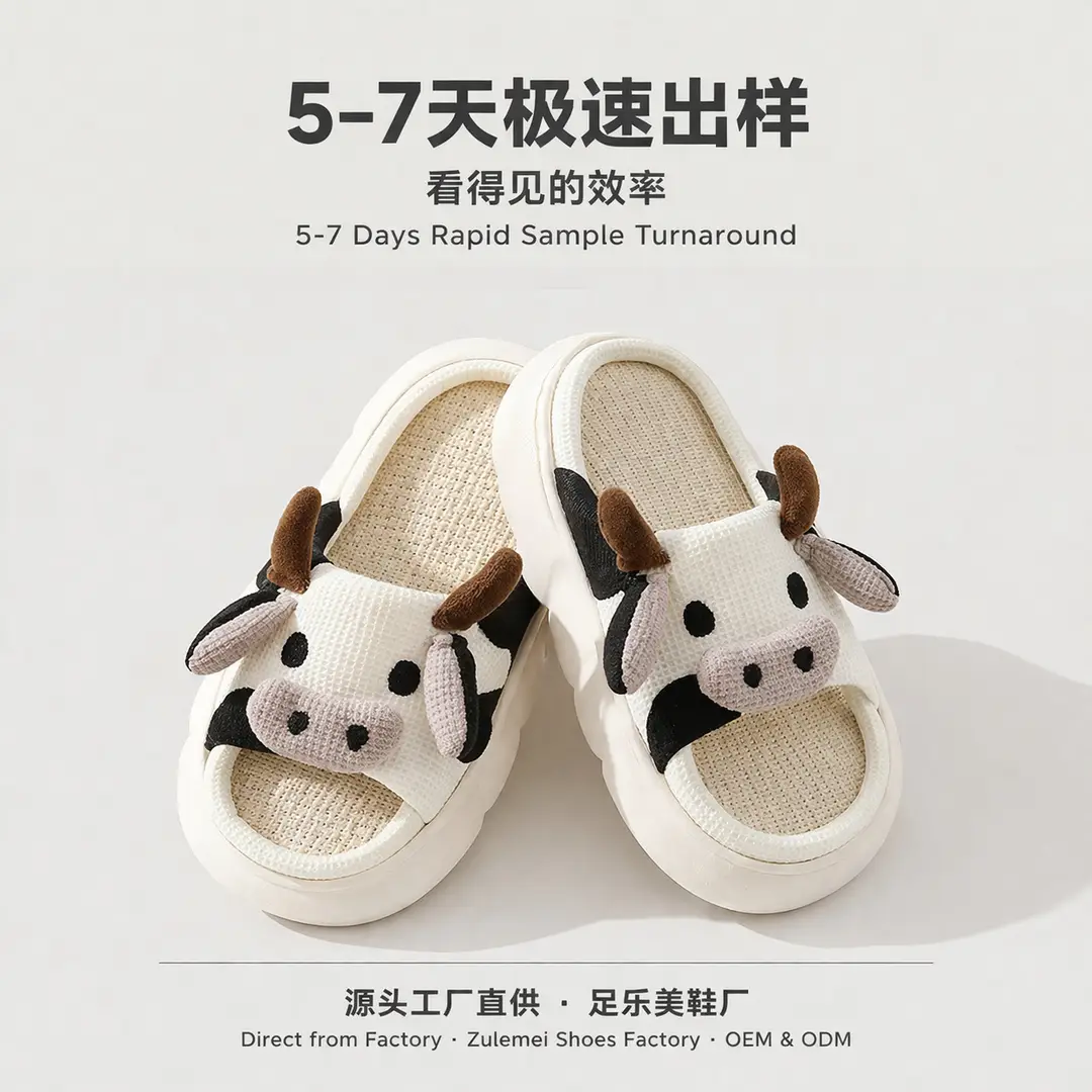 Cross-Border In-Stock Summer Shoes for Women, Spring Japanese-Style Fashion Home Wear-Resistant Linen Slippers, Cute Cow Print Cotton Slippers
