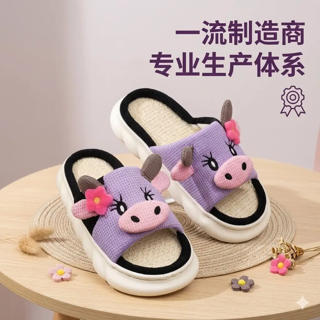 Cross-Border In-Stock Summer Shoes for Women, Spring Japanese-Style Fashion Home Wear-Resistant Linen Slippers, Cute Cow Print Cotton Slippers