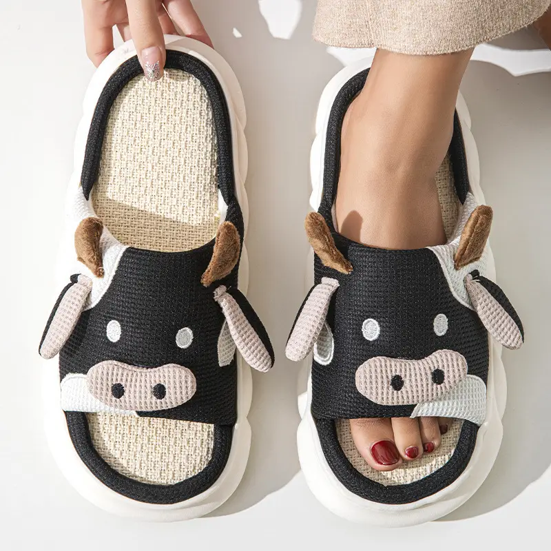 Cross-Border In-Stock Summer Shoes for Women, Spring Japanese-Style Fashion Home Wear-Resistant Linen Slippers, Cute Cow Print Cotton Slippers