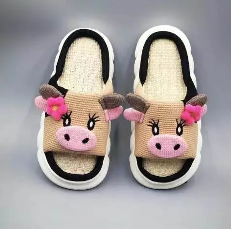 Cross-Border In-Stock Summer Shoes for Women, Spring Japanese-Style Fashion Home Wear-Resistant Linen Slippers, Cute Cow Print Cotton Slippers