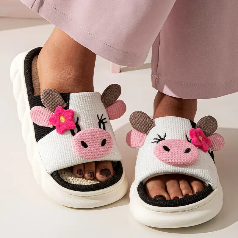 Cross-Border In-Stock Summer Shoes for Women, Spring Japanese-Style Fashion Home Wear-Resistant Linen Slippers, Cute Cow Print Cotton Slippers
