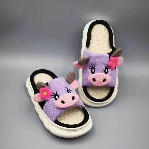 Cross-Border In-Stock Summer Shoes for Women, Spring Japanese-Style Fashion Home Wear-Resistant Linen Slippers, Cute Cow Print Cotton Slippers