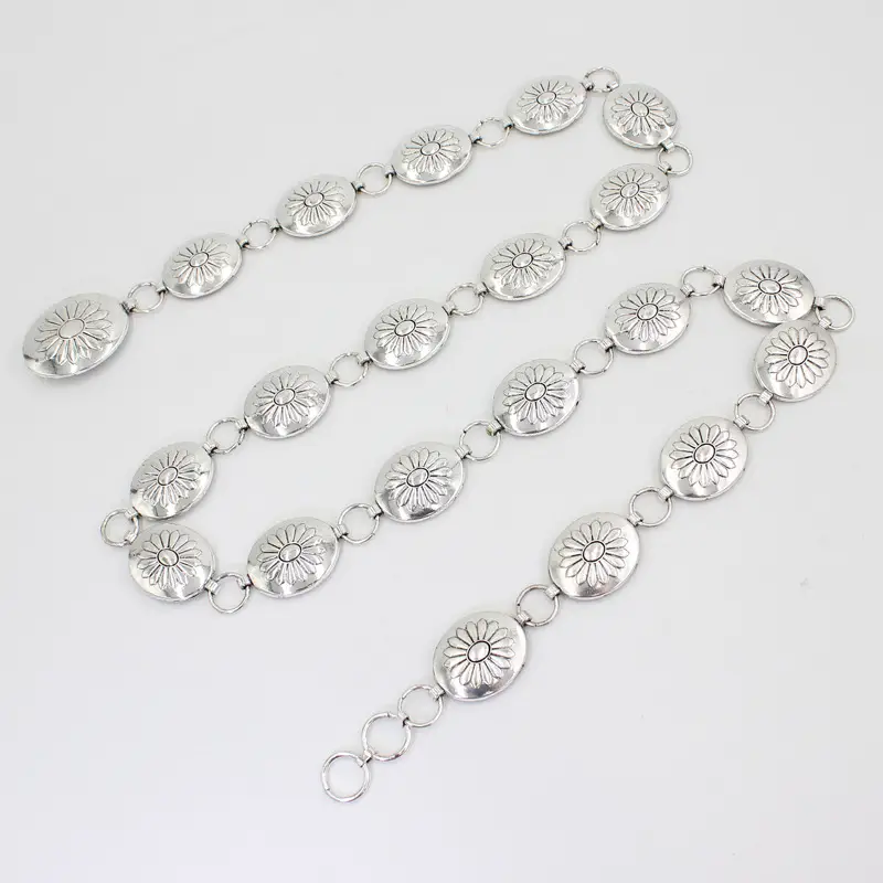 Vintage Hook Adjustable Belt Oval Metal Waist Chain Women's Antique Silver - Image 3
