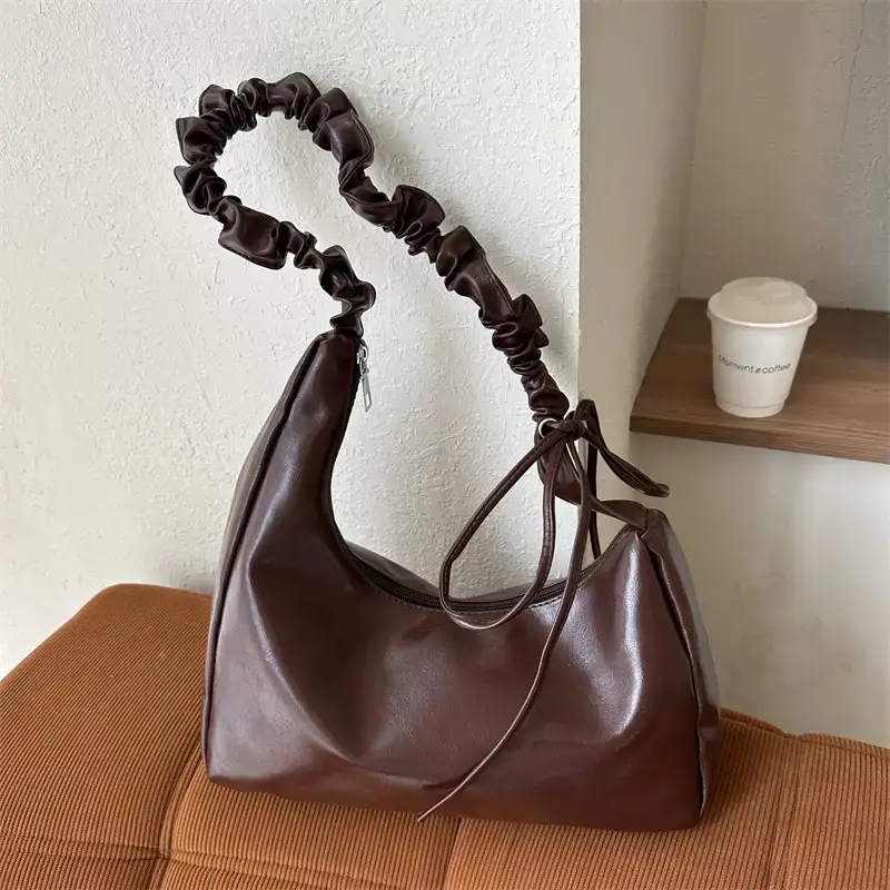 Beige Pleated Shoulder Crossbody Bag for Women