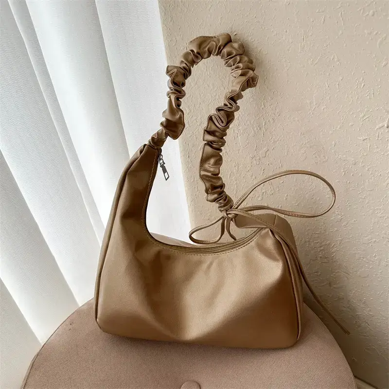 Beige Pleated Shoulder Crossbody Bag for Women