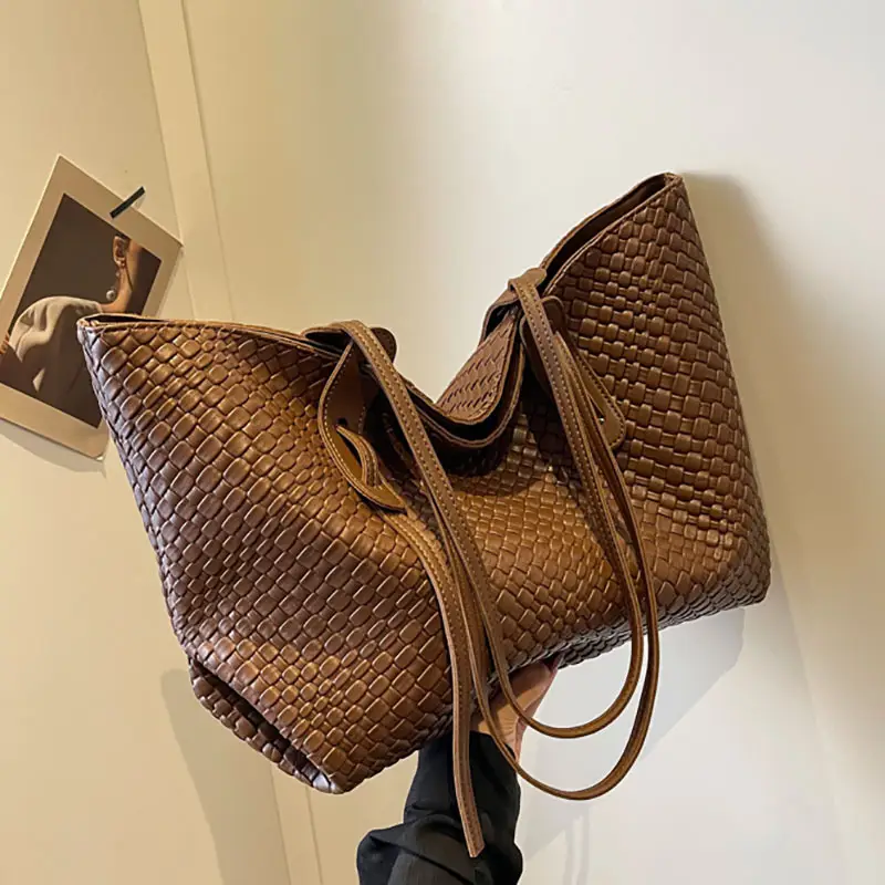 Brown Crocodile-Textured Large Shoulder Bag for Women - Image 5