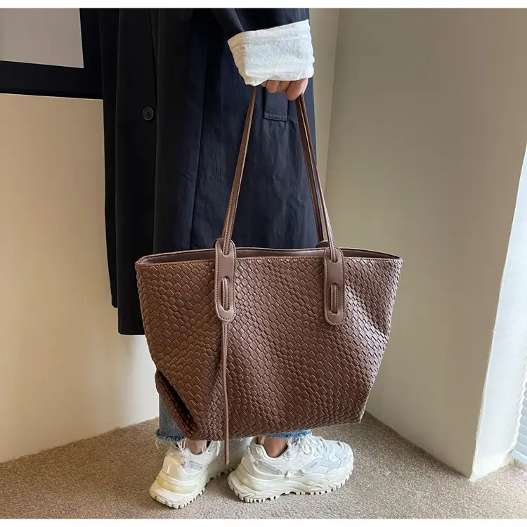Brown Crocodile-Textured Large Shoulder Bag for Women — feature 13