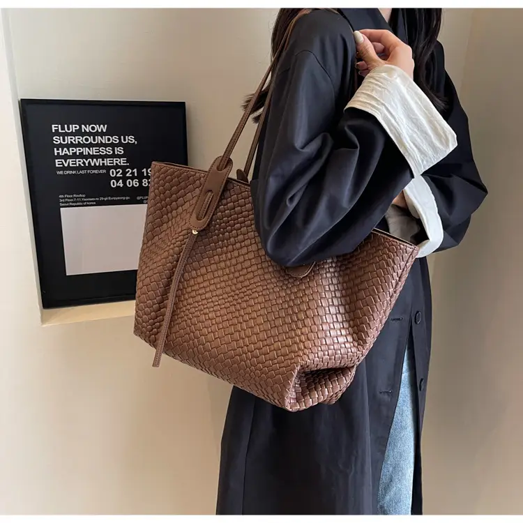 Brown Crocodile-Textured Large Shoulder Bag for Women — feature 14