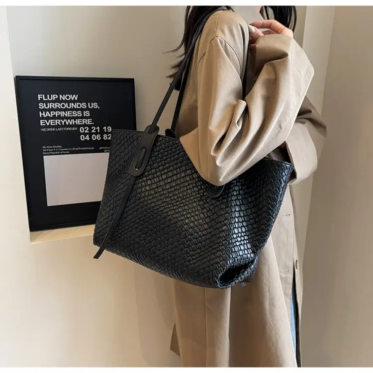 Brown Crocodile-Textured Large Shoulder Bag for Women — feature 17