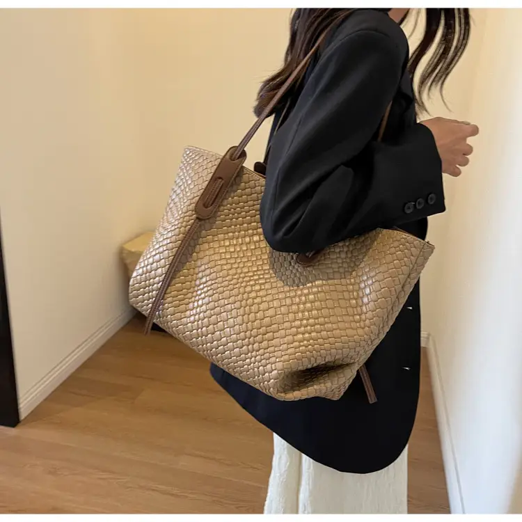 Brown Crocodile-Textured Large Shoulder Bag for Women — feature 26