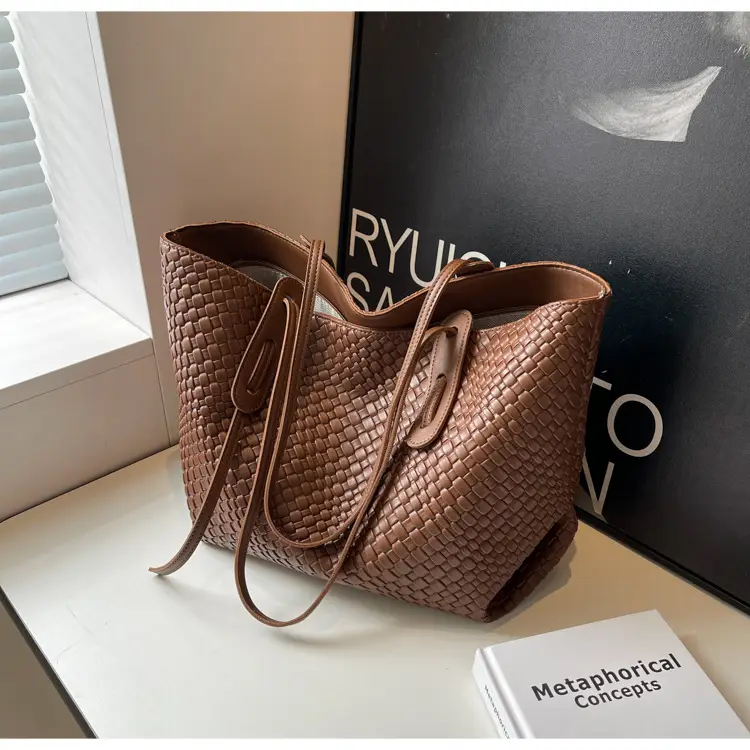 Brown Crocodile-Textured Large Shoulder Bag for Women — feature 31