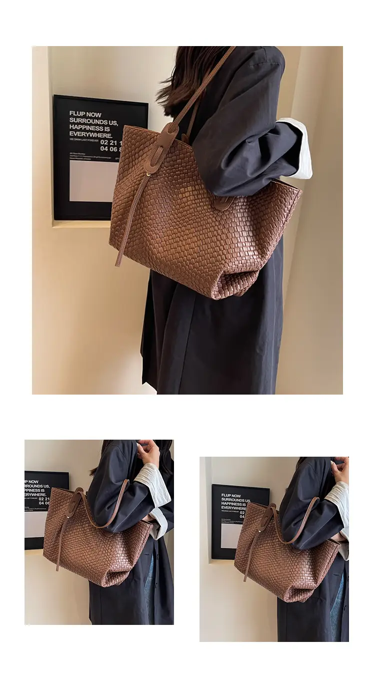 Brown Crocodile-Textured Large Shoulder Bag for Women — feature 9