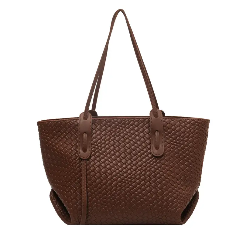 Brown Crocodile-Textured Large Shoulder Bag for Women - Image 3