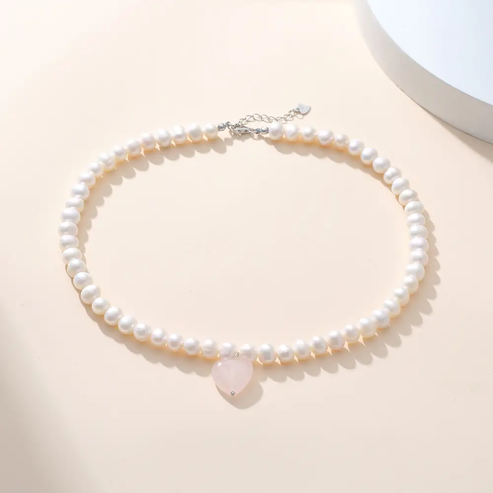 Natural Freshwater Pearl Necklace Women S925 Silver Pink Crystal Heart Bracelet Set - Image 3