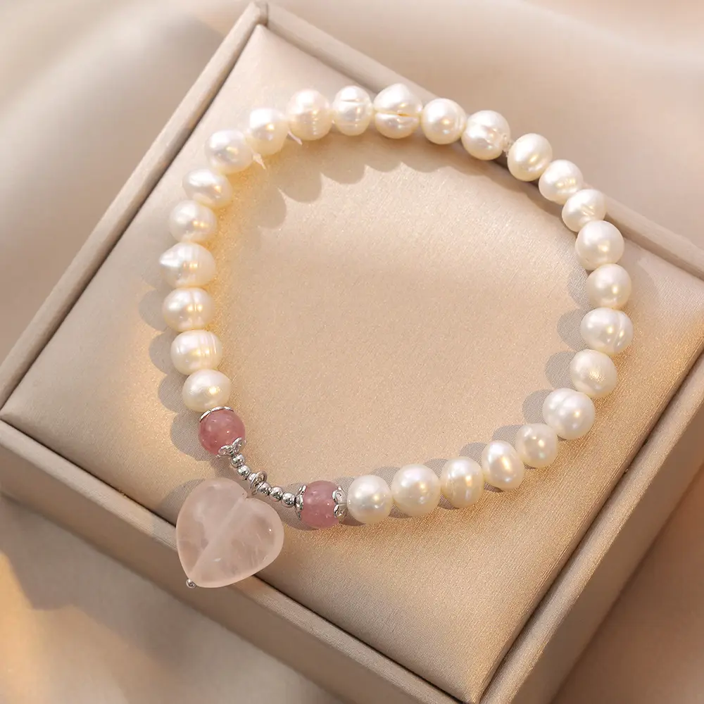 Natural Freshwater Pearl Necklace Women S925 Silver Pink Crystal Heart Bracelet Set - Image 4