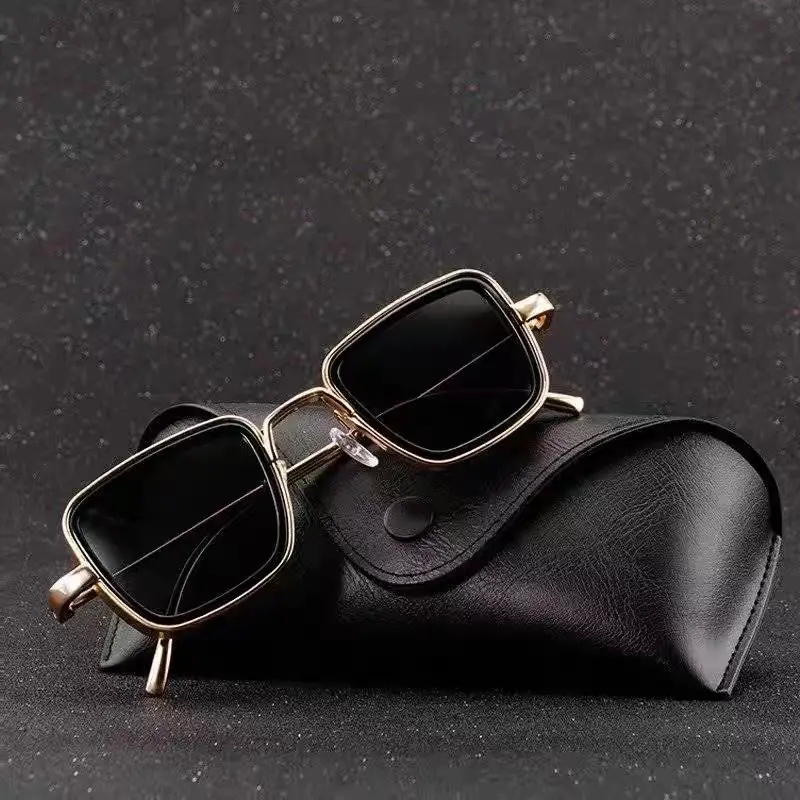 Square Frame Metal Sunglasses Blue Lens Retro Thick Edge - Image 9