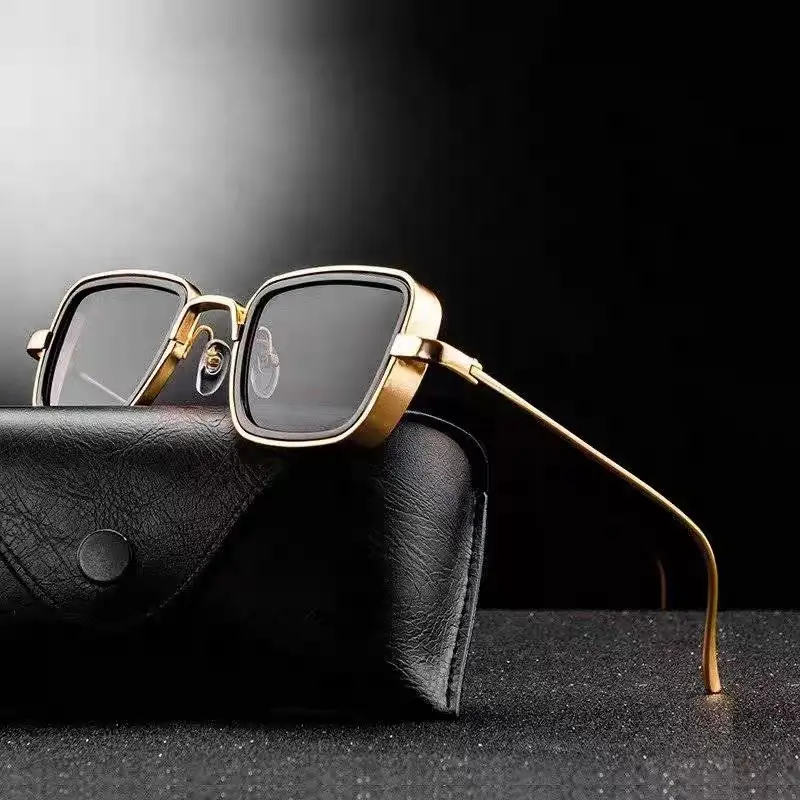 Square Frame Metal Sunglasses Blue Lens Retro Thick Edge