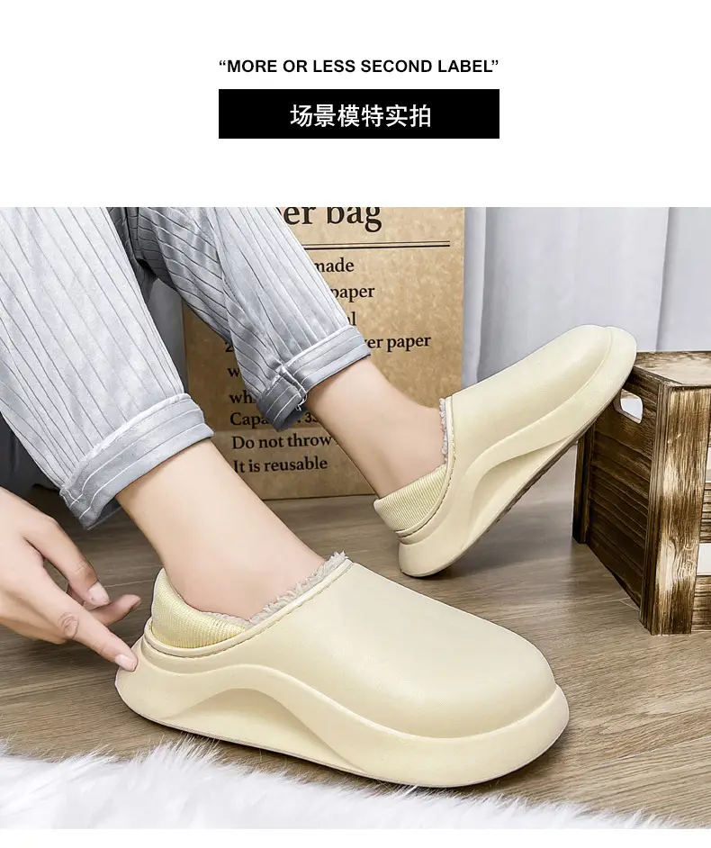 Cotton slippers men's winter indoor home fleece-lined warm waterproof couple cotton slippers bag heel slip-on fashion cotton shoes — feature 13