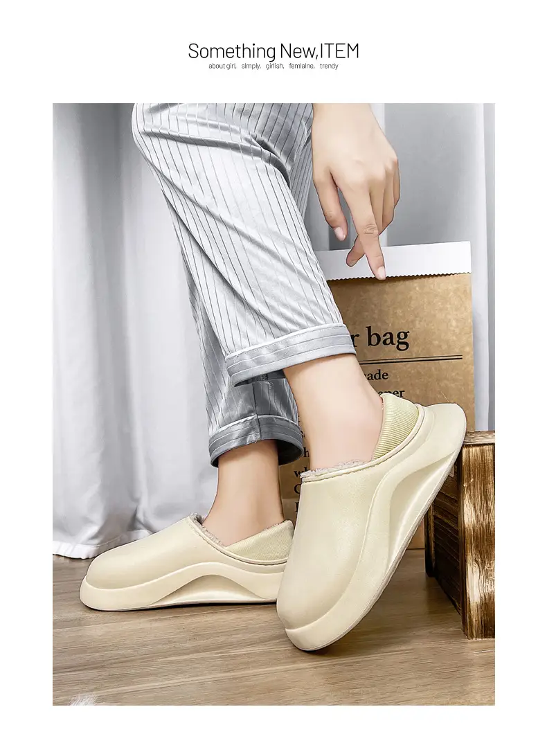 Cotton slippers men's winter indoor home fleece-lined warm waterproof couple cotton slippers bag heel slip-on fashion cotton shoes — feature 14