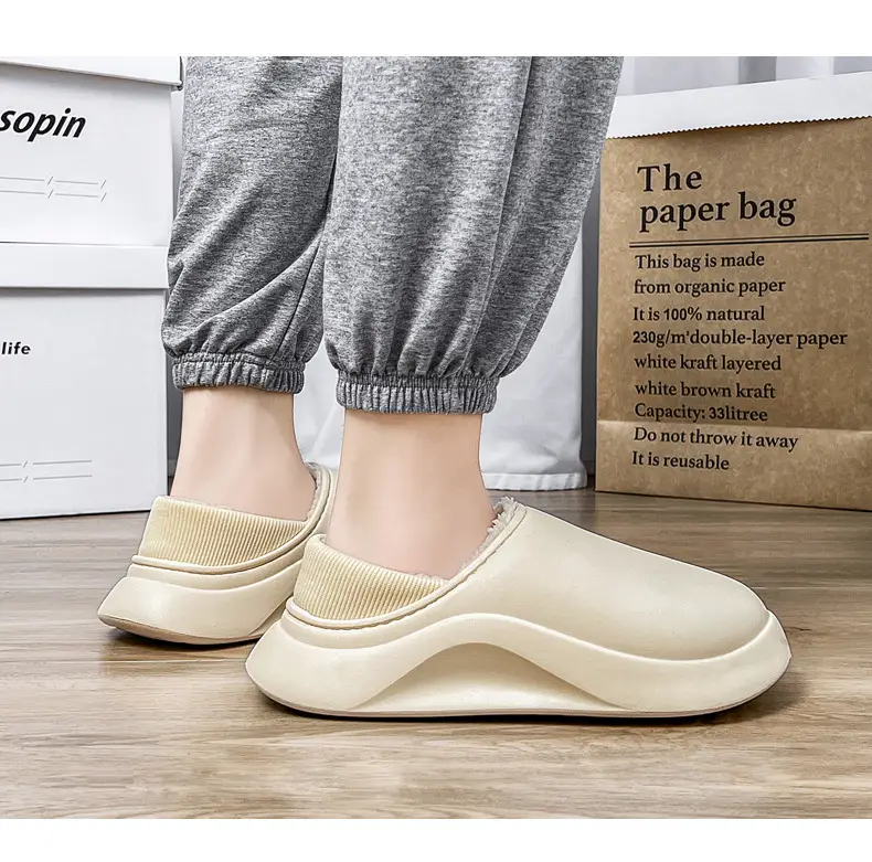 Cotton slippers men's winter indoor home fleece-lined warm waterproof couple cotton slippers bag heel slip-on fashion cotton shoes — feature 15
