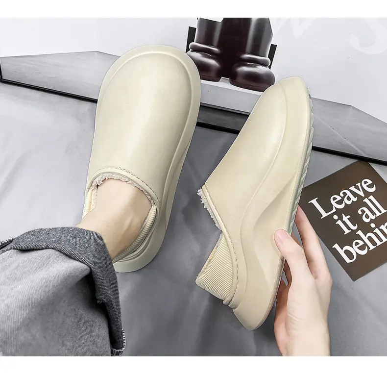 Cotton slippers men's winter indoor home fleece-lined warm waterproof couple cotton slippers bag heel slip-on fashion cotton shoes — feature 17